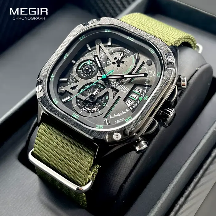 Montre MEGIR à Quartz noire homme étanche cadran carré montre-bracelet avec chronographe bracelet en acier inoxydable aiguilles lumineuses Date automatique occasions spéciales