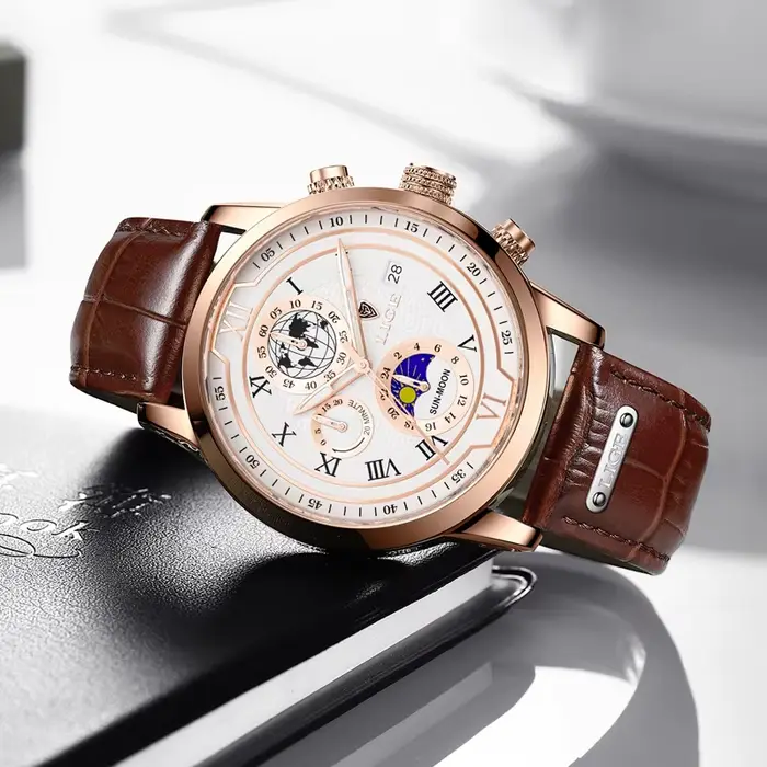 Nouvelles Montres Hommes 2026 LIGE Marque Haut de Gamme Cuir Chronographe Étanche Sport Automatique Date Quartz
