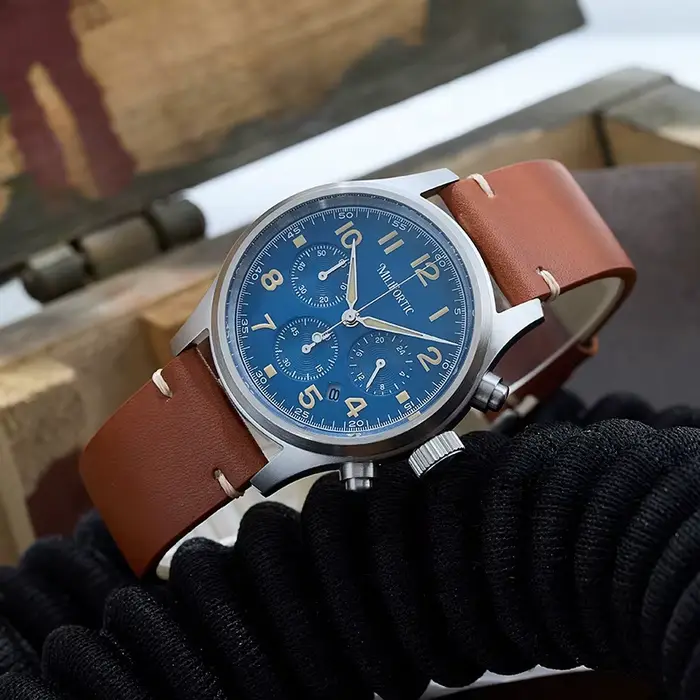 Milifortic 39mm homme chronographe montre VS75 mouvement à Quartz à énergie solaire rétro lumineux étanche