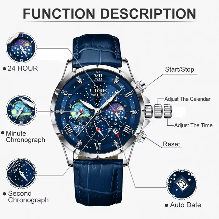 Montre classique en cuir bleu style militaire chronographe à quartz pour hommes occasions spéciales防水防震军旅风格男表