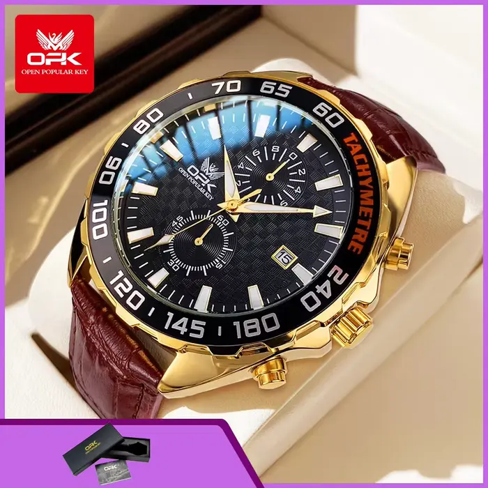 Montre à quartz OPK 8163 avec tachymètre, date automatique et chronographe pour homme, résistante à l'eau, bracelet en cuir, style mode et décontracté
