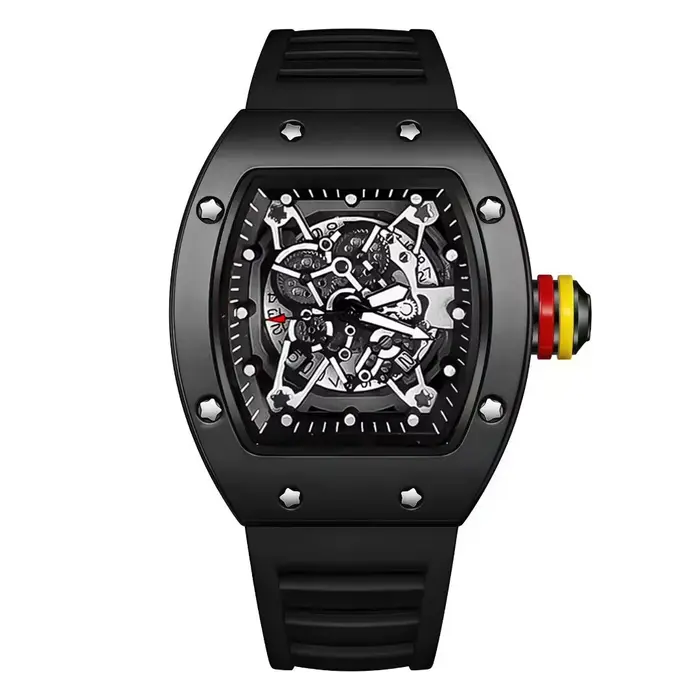 Montre à quartz pour homme, forme tonneau, fond transparent, édition limitée, bracelet en silicone, 