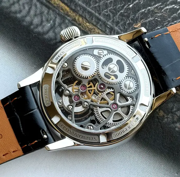 Montre Mékur Tourbillon Squelette 100% Hommes Acier Inoxydable Cuir Bracelet Élégante Occasions Spéciales