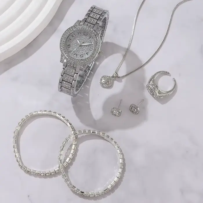 6PCS femmes montre de luxe élégant alliage montre-bracelet en cristal pour dames cadeau