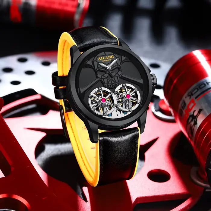 Punk Steam Skull deux Tourbillon Design homme montre creux automatique mécanique étanche hommes montre-bracelet