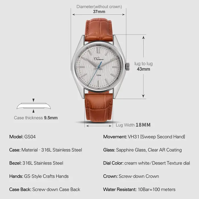 Chameri 37Mm montres Vintage Gs04 montre à Quartz VH31 mouvement saphir cristal cuir 100M étanche homme d'affaires