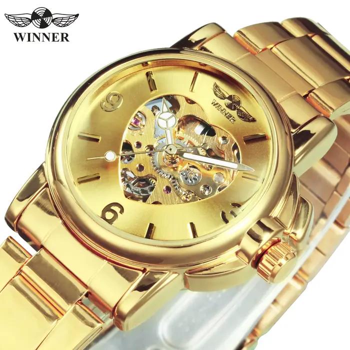 Montre T-Winner automatique pour femmes élégante squelette doré bracelet acier inoxydable pour événements sportifs et occasions spéciales