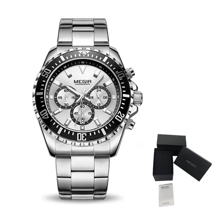 MEGIR-Montre à quartz en acier inoxydable pour homme, montre-bracelet militaire chronographe, horlog