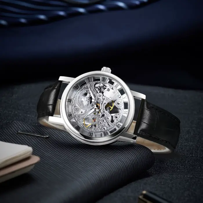 Montre homme Gagnant Seton avec boîtier doré transparent, bracelet en cuir, horloge mécanique de luxe, cadeau pour hommes occasions spéciales Saint Valentin Noël Carnaval