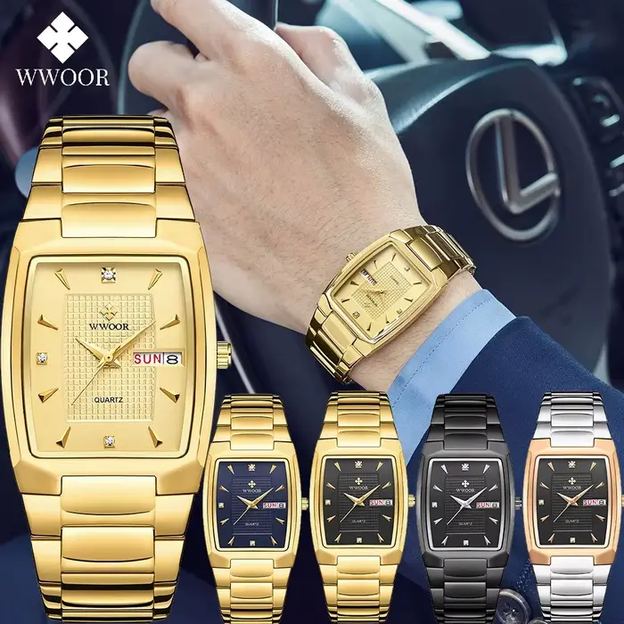 Montre-bracelet carrée en acier inoxydable doré pour homme