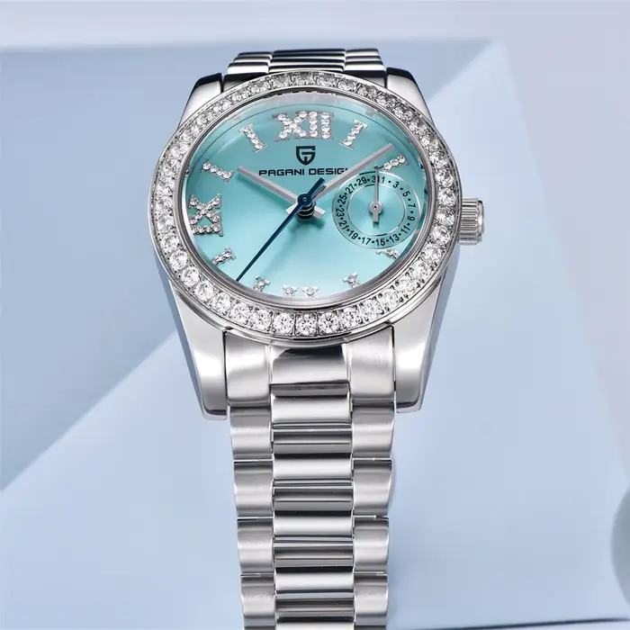 Montre élégante en acier inoxydable avec cristal de saphir pour femmes, résistante à l'eau et idéale pour les occasions spéciales et le quotidien