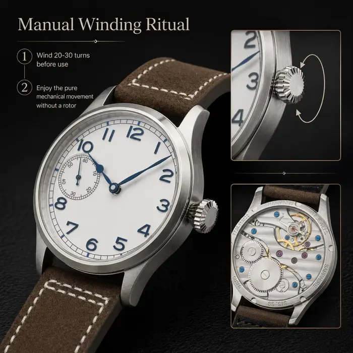Montre pilote Corgeut 42 mm pour homme, mécanique à remontage manuel ST3600, saphir, bracelet en cuir
