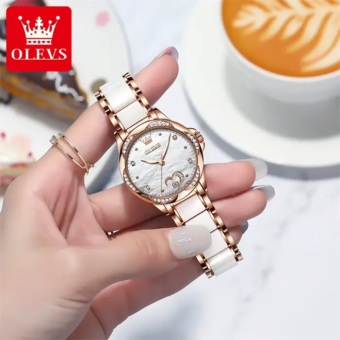 Montre OLEVS en céramique et acier inoxydable avec mouvement automatique pour femmes élégantes et sophistiquées occasions spéciales