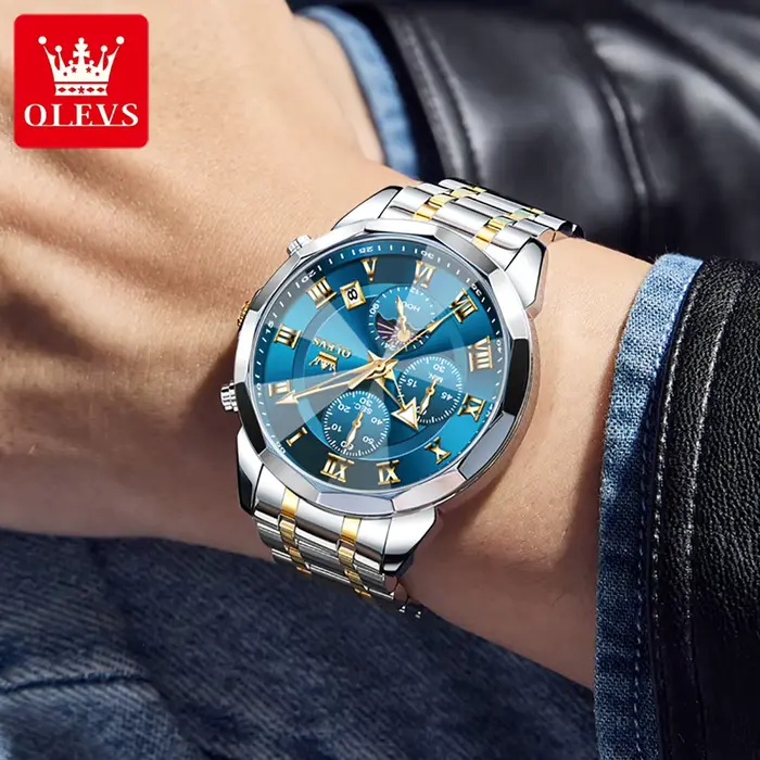 Montre Quartz Multifonctionnelle Chronographe Étanche Phase de Lune Cadeau Original Occasions Spéciales Homme