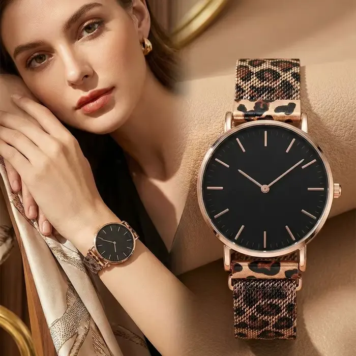 Montre femme ultra-fine motif léopard bracelet en maille acier inoxydable fermoir magnétique pour femmes occasions quotidiennes professionnelles et détente