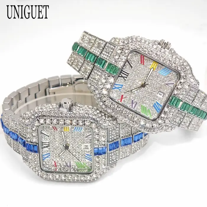 2025 marque de luxe hommes montre à Quartz mode arc-en-ciel numérique Rome cadran calendrier étanche Hip Hop diamant montre-bracelet pour homme cadeau