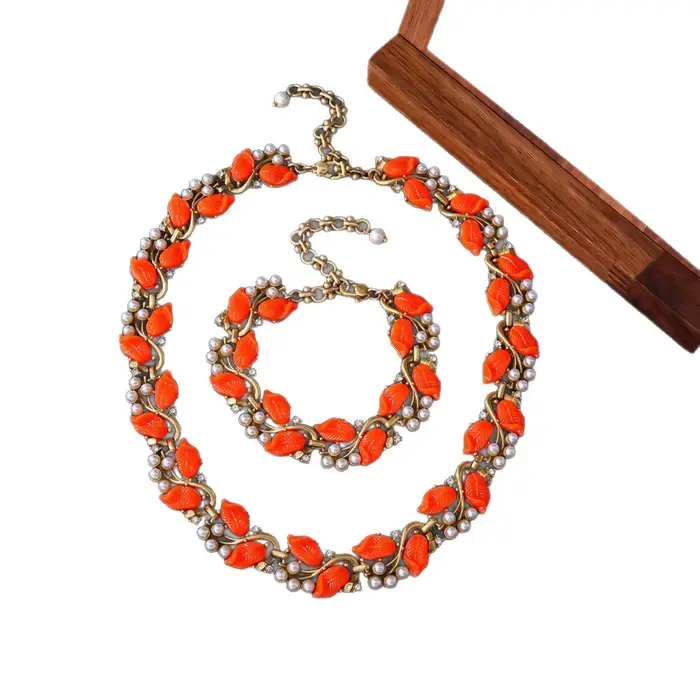 Élégant français Vintage perle conception feuille forme Bracelet boucles d'oreilles collier ensemble de bijoux de haute qualité Style Antique mode Acce...