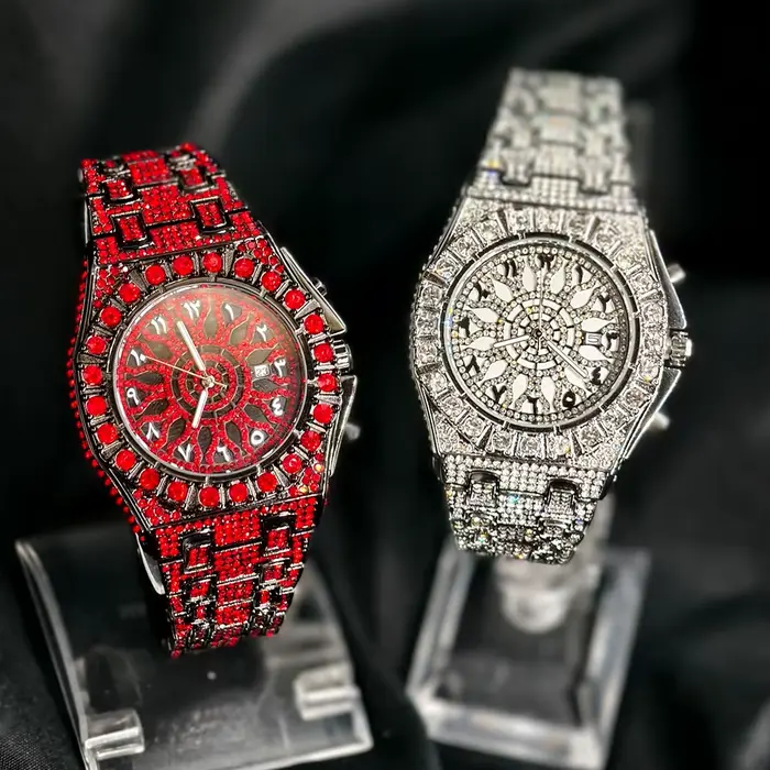 Montre homme diamant rouge PINTIME luxe quartz avec fermoir caché à bouton-poussoir pour homme occasions spéciales