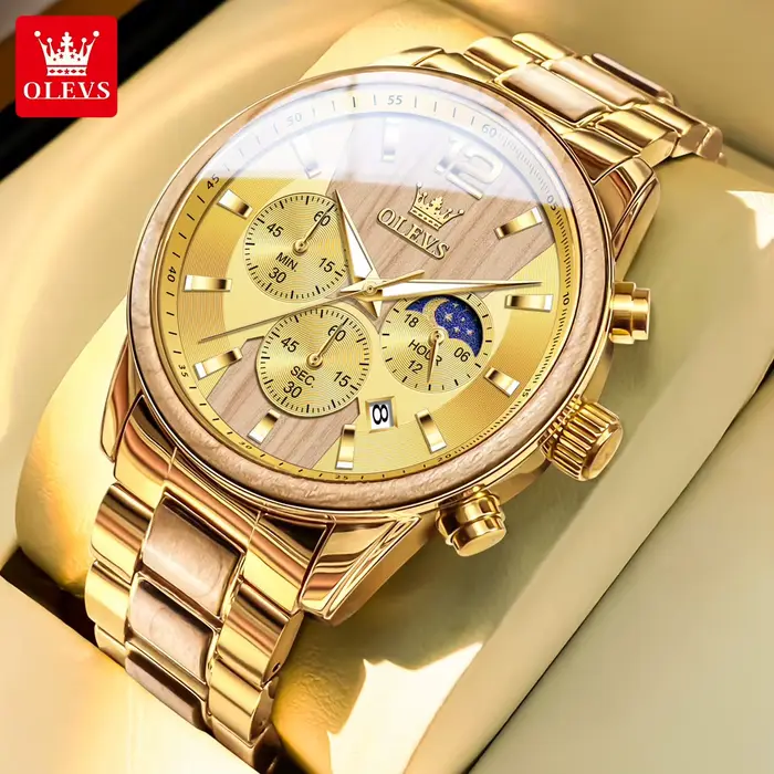 Montre-bracelet à quartz OLEVS 3645 en bois massif doré pour homme