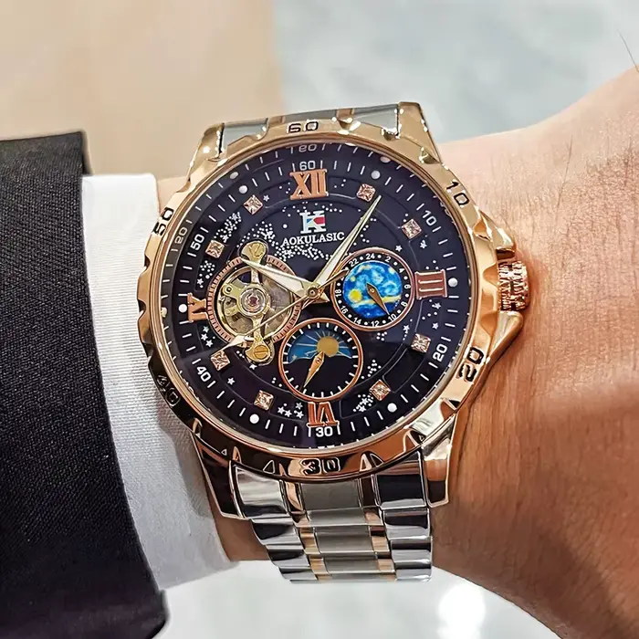 Montre multifonctionnelle pour hommes, phase de lune lumineuse, indicateur 24 heures, couronne à vis