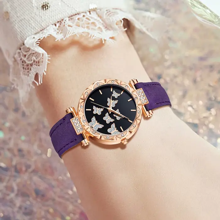 Ensemble de montres pour femmes en or rose avec bracelet en cuir violet
