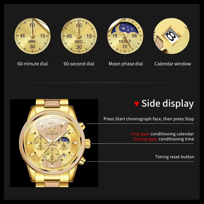 Montre-bracelet à quartz OLEVS 3645 en bois massif doré pour homme