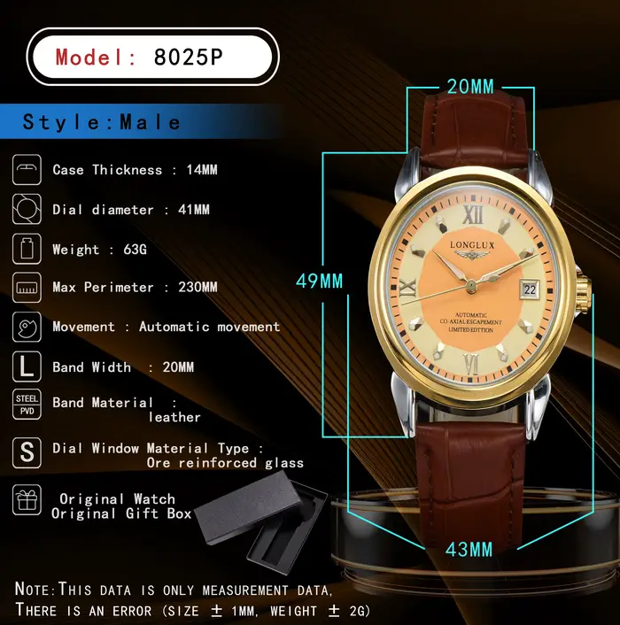 Montre automatique LONGLUX édition limitée en cuir pour hommes occasions spéciales rendez-vous affaires loisirs