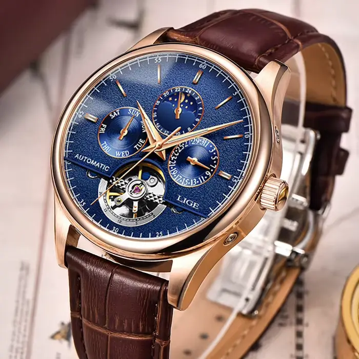Montre-bracelet mécanique en cuir véritable étanche pour homme