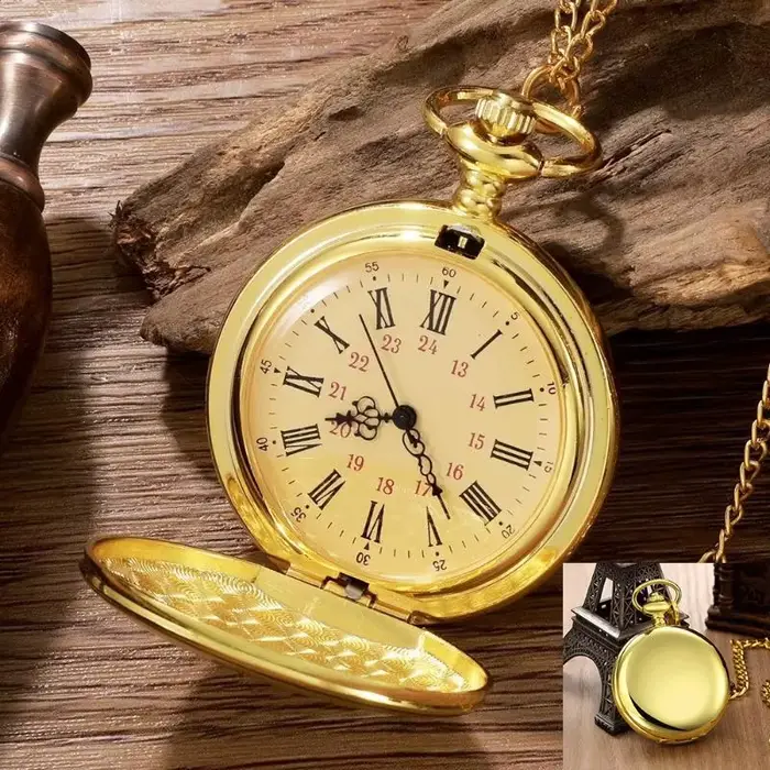 ✔ Montre de poche circulaire dorée pour homme, montre de poche à quartz vintage avec chaîne, cadeau 