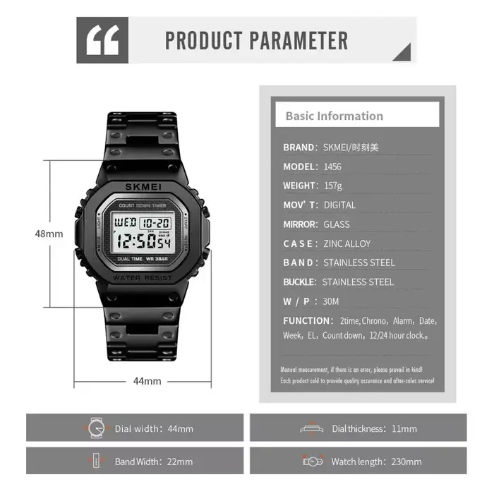 Montre numérique résistante aux chocs pour homme, avec alarme, chronomètre et affichage LED pour entraînements et événements formels