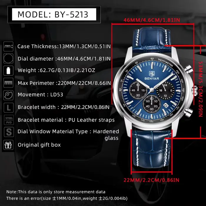 Montre homme BENYAR à Quartz avec bracelet en cuir résistant à l'eau pour hommes élégants occaions spéciales et quotidiennes