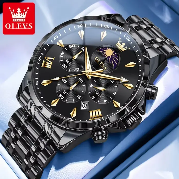 Montres pour hommes OLEVS Top Moon Phase Fashion, acier inoxydable, étanches, classiques, à quartz, 