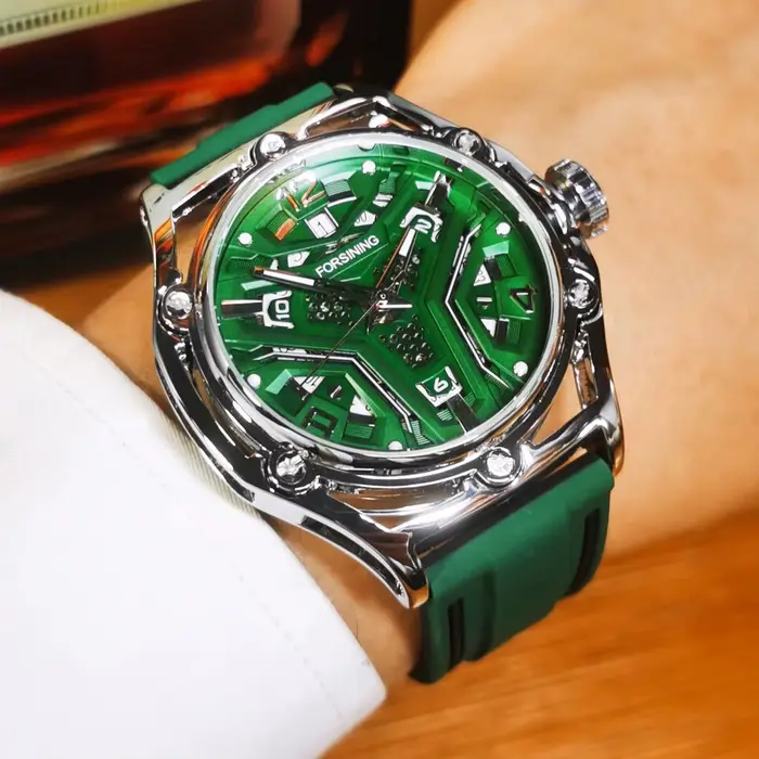 Montre Squelette Forsining pour Homme Bracelet en Caoutchouc Vert Montre Mécanique Automatique Style Professionnel Lumineuses Calendrier Occasions Spéciales Aventures Journées Relaxantes