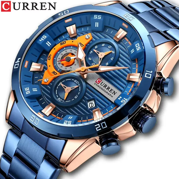 Montre Curren 8402 en Acier Inoxydable Design Créatif Cadran Lumineux Chronographe Montre Luxe Homme Occasions Spéciales