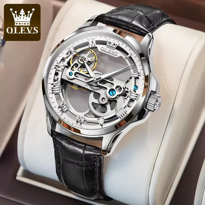 OLEVS 6661 montres automatiques bracelet en cuir creux Transparent étanche lumineux mécanique montre-bracelet pour