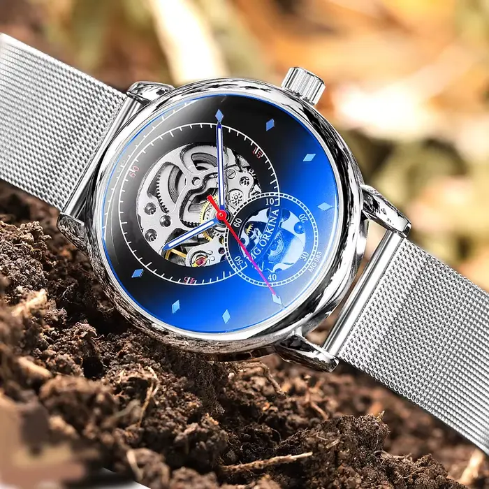 Montre Mécanique MG.ORKINA Boîtier Or Rose Squelette Hommes Bracelet Acier Inoxydable Occasions Spéciales
