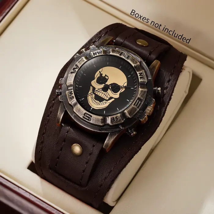 Montre-bracelet à quartz pour homme avec bracelet en cuir vintage, grand cadran analogique, style hi