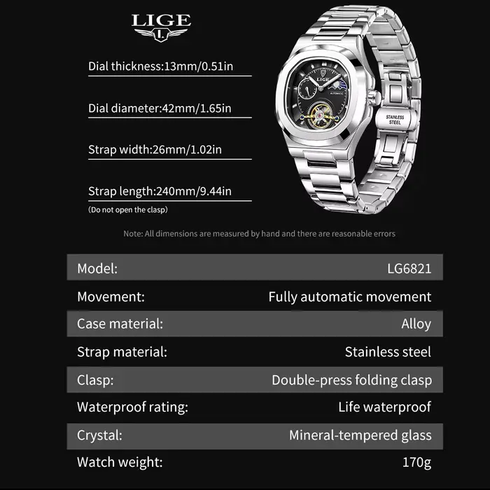 Montre LIGE pour Homme Luxe Automatique Boîtier Carré Élégante Bracelet Acier Inoxydable Occasions Formelles