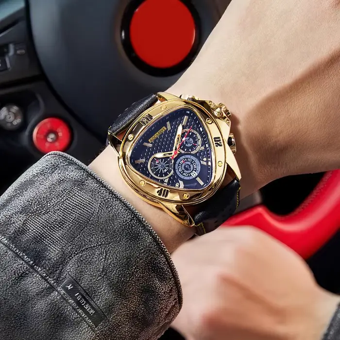 Nouvelle montre hommes haute gamme ZBJP triangle résistante à l'eau avec bracelet en cuir pour homme occassions spéciales quartz audacieux