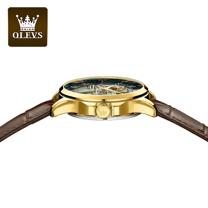 Montre homme OLEVS 6661 Transparent Squelette Volant Automatique Bracelet Cuir Occasions Spéciales Luxe