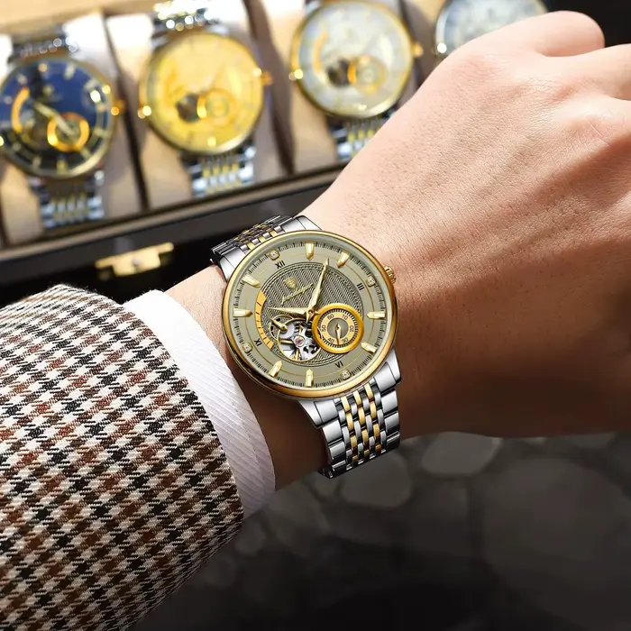 POEDAGAR haut de gamme homme montre-bracelet lumineux creux Tourbillon en acier inoxydable hommes horloge mécanique