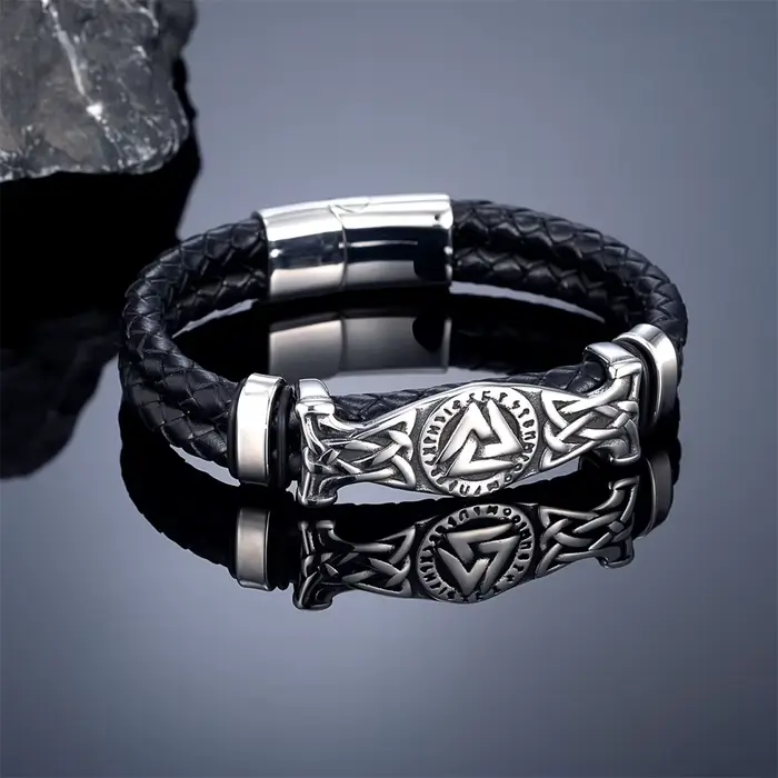 Bracelet multicouche en cuir véritable pour hommes, nœud celtique Viking, en acier inoxydable, Rune 