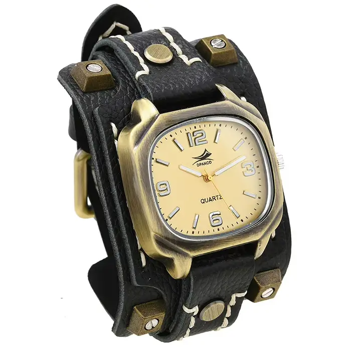 Montre à quartz vintage hip hop punk pour hommes - Rivet fait à la main avec bracelet en cuir vérita