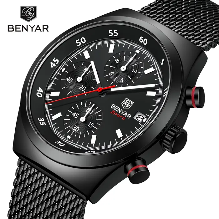 Montre BENYAR 5200 Quartz élégante avec chronographe et calendrier complet pour hommes d'affaires et occasions spéciales