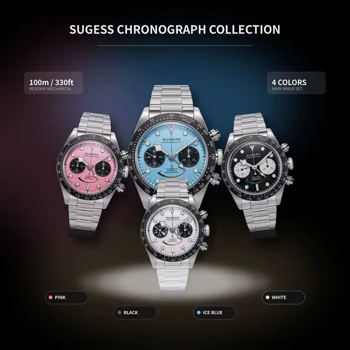 Montre chronographe Sugess ST1907 Acier Inoxydable Boîtier Rond Avec Verre Saphir Pour Hommes Occasions Spéciales