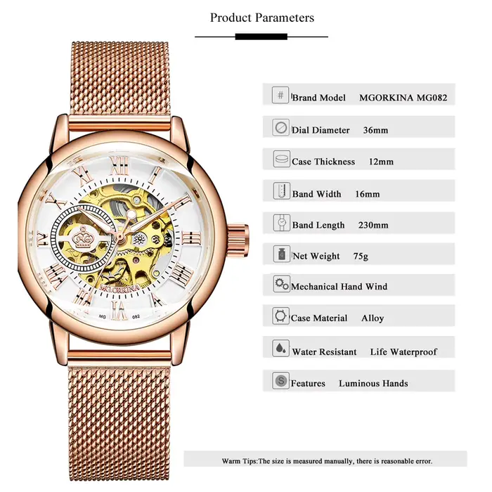 ORKINA marque de luxe squelette conception étanche automatique mécanique en acier inoxydable maille bracelet or Rose montre-bracelet pour les femmes