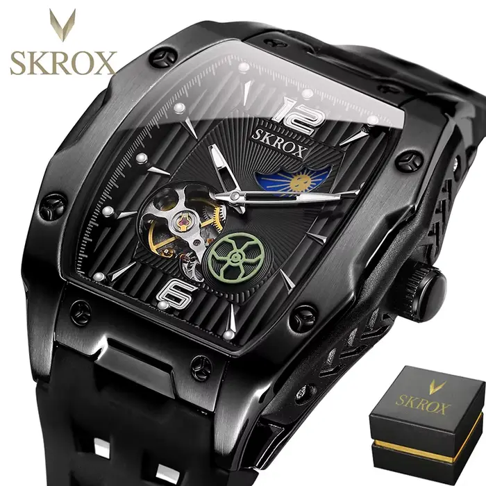 SKROX Designer luxe Phase de lune Toubillon mouvement automatique horloge mécanique haute qualité étanche Silicone montres pour hommes