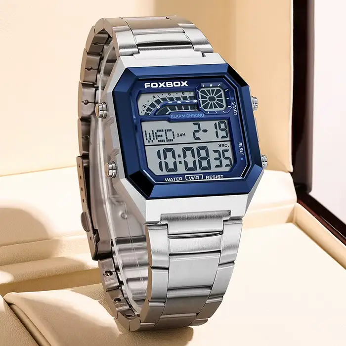 Montre FoxBox Carré Numérique Résistante à L'eau Homme Occasions Spéciales Affichage Lumineux Élégance Polyvalente Décontractée