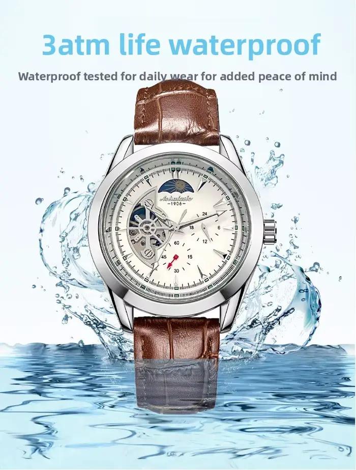Montre automatique à cinq aiguilles avec squelette lumineux et phase de lune pour homme, acier inoxydable, bracelet en cuir, résistance à l'eau, design mode et casual