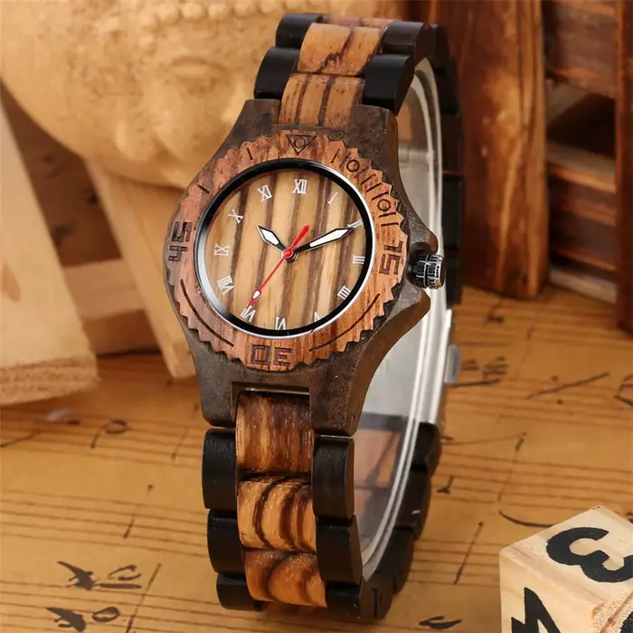 Montre-Bracelet en bois élégante avec mouvement à Quartz et chiffres romains blancs pour femmes occasions spéciales